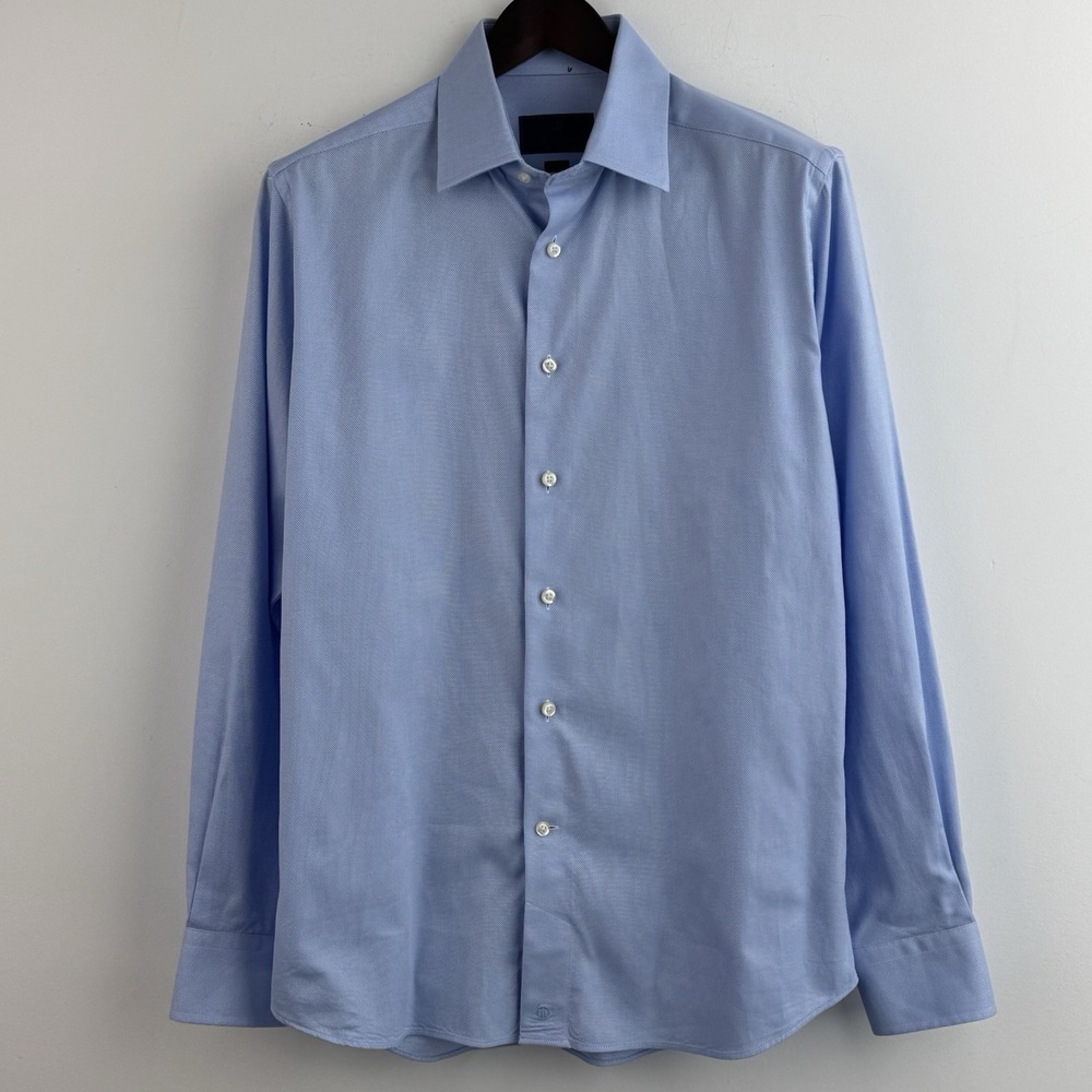 David Donahue Dress Shirt Mens 16 34/35 Blue Trim Birdseye Oxford Long Sleeve